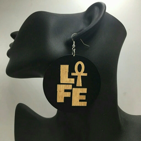 Life w/Ankh * Wood Dangle Earrings